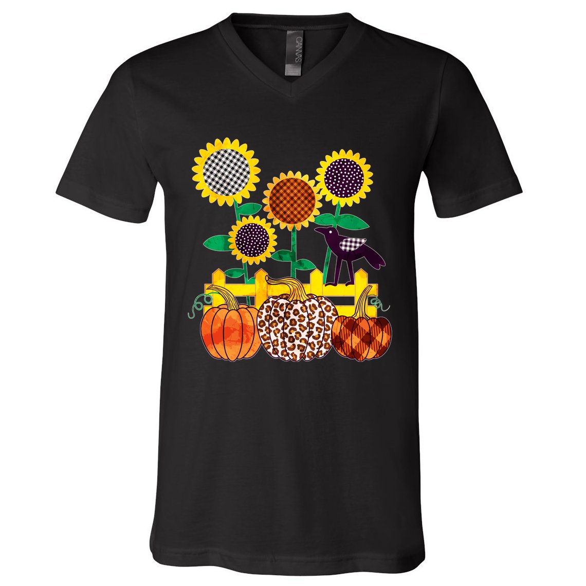 Cute Autumn Fall Patterns Raven Crow Sunflowers Pumpkins V-Neck T-Shirt