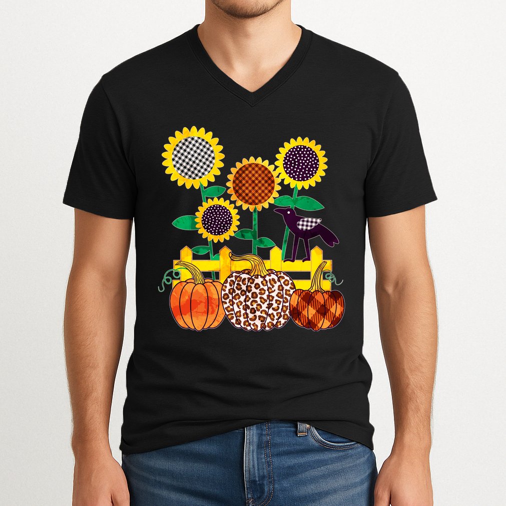 Cute Autumn Fall Patterns Raven Crow Sunflowers Pumpkins V-Neck T-Shirt