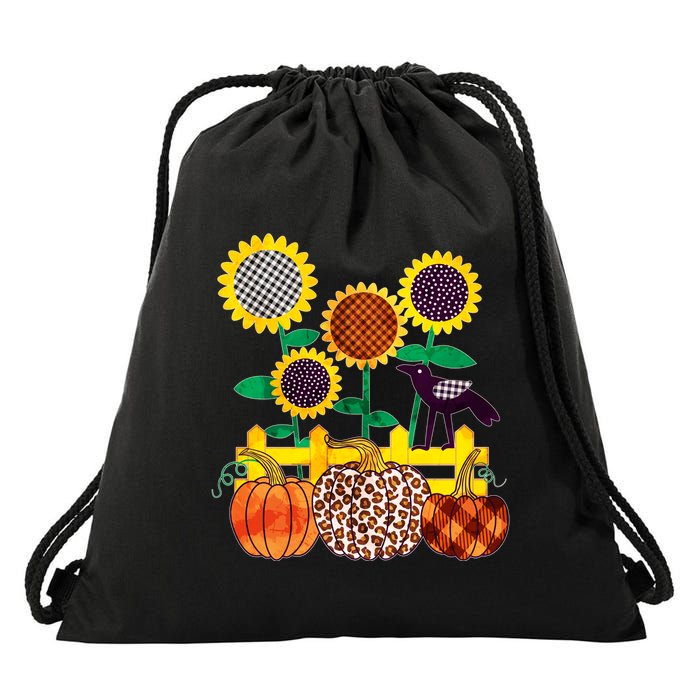 Cute Autumn Fall Patterns Raven Crow Sunflowers Pumpkins Drawstring Bag