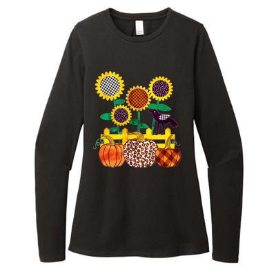 Cute Autumn Fall Patterns Raven Crow Sunflowers Pumpkins Womens CVC Long Sleeve Shirt