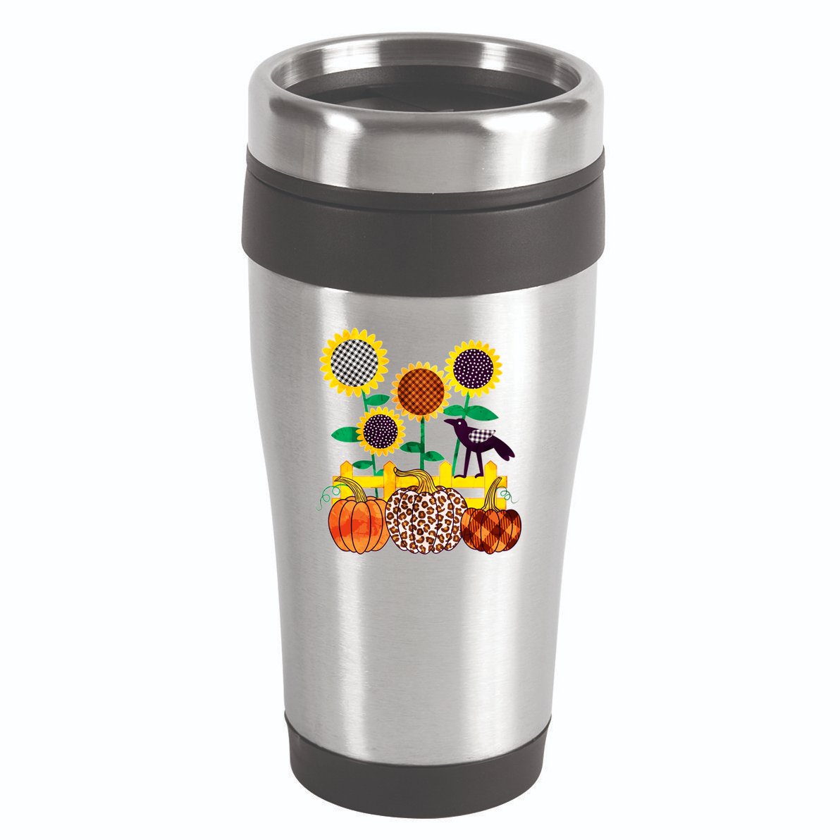 Cute Autumn Fall Patterns Raven Crow Sunflowers Pumpkins 16oz Travel Tumbler