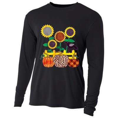 Cute Autumn Fall Patterns Raven Crow Sunflowers Pumpkins Cooling Performance Long Sleeve Crew