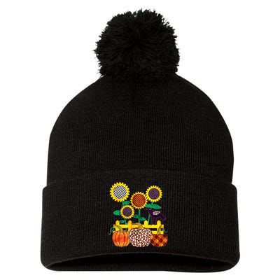Cute Autumn Fall Patterns Raven Crow Sunflowers Pumpkins Pom Pom 12in Knit Beanie
