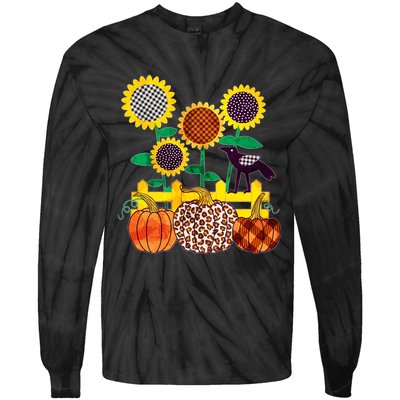 Cute Autumn Fall Patterns Raven Crow Sunflowers Pumpkins Tie-Dye Long Sleeve Shirt