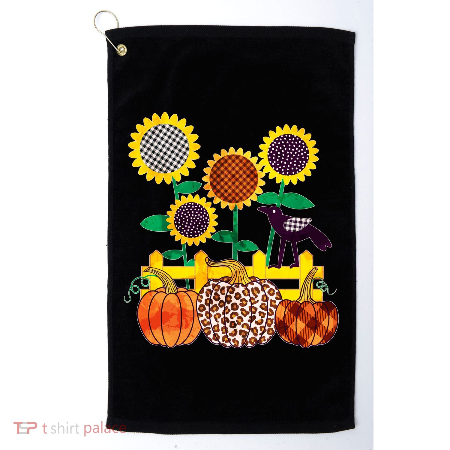 Cute Autumn Fall Patterns Raven Crow Sunflowers Pumpkins Golf Towel