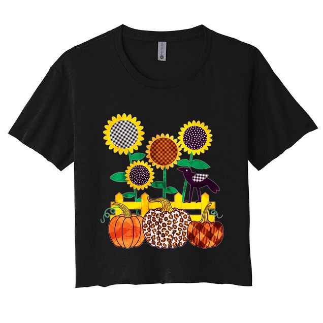 Cute Autumn Fall Patterns Raven Crow Sunflowers Pumpkins Women's Crop Top Tee
