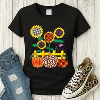 Cute Autumn Fall Patterns Raven Crow Sunflowers Pumpkins Womens T-Shirt