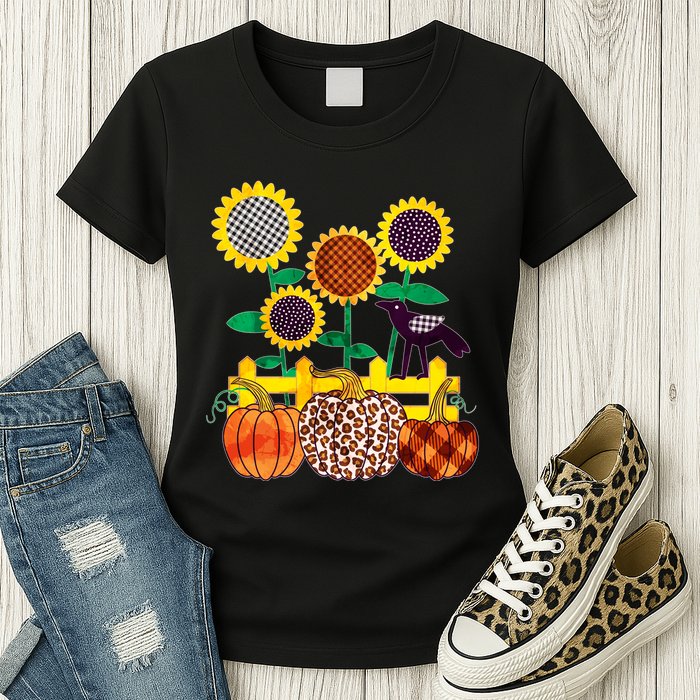 Cute Autumn Fall Patterns Raven Crow Sunflowers Pumpkins Womens T-Shirt