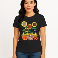 Cute Autumn Fall Patterns Raven Crow Sunflowers Pumpkins Womens T-Shirt