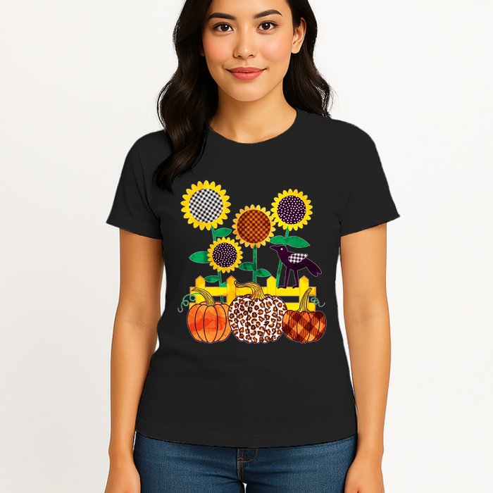 Cute Autumn Fall Patterns Raven Crow Sunflowers Pumpkins Womens T-Shirt