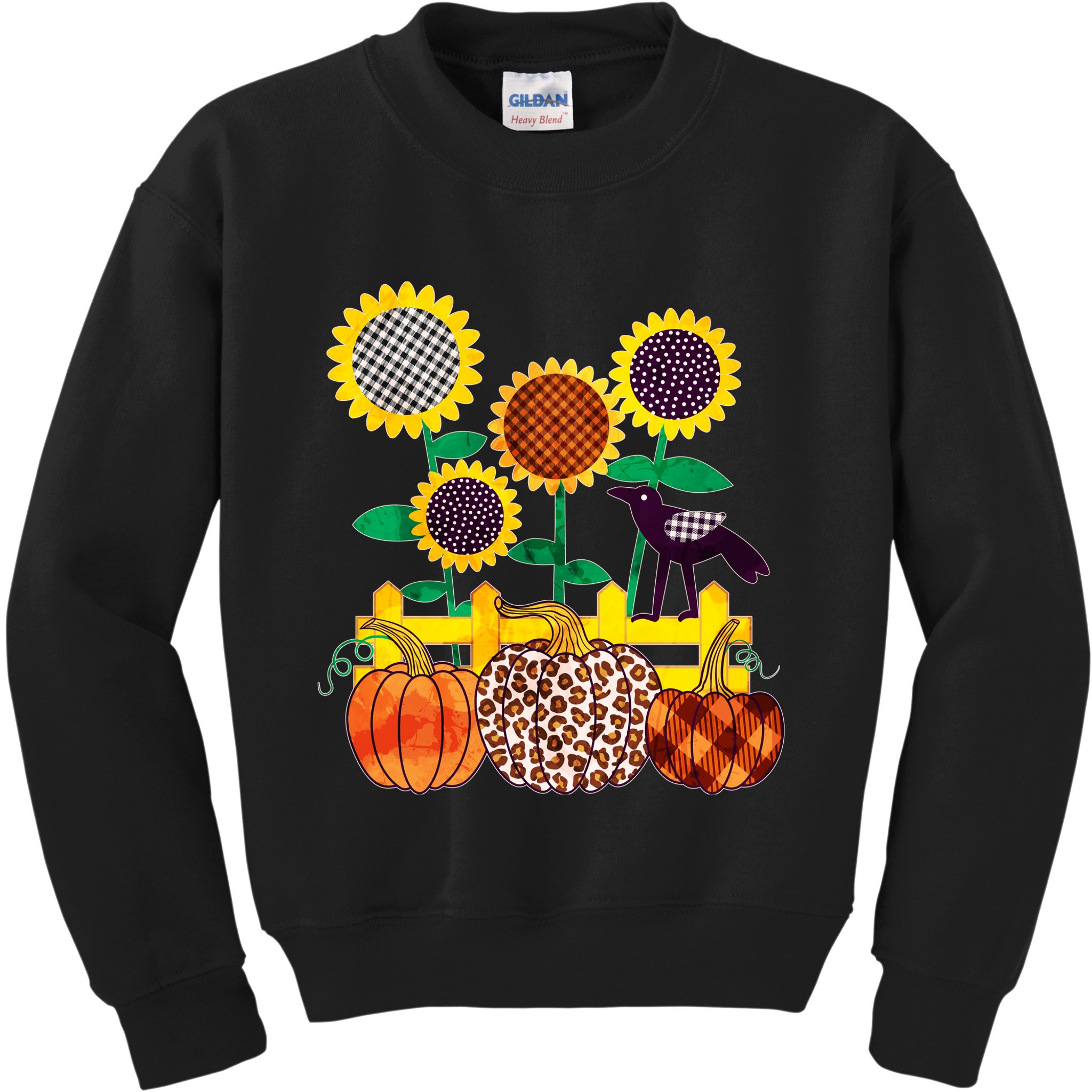 Cute Autumn Fall Patterns Raven Crow Sunflowers Pumpkins Kids Sweatshirt