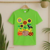 Cute Autumn Fall Patterns Raven Crow Sunflowers Pumpkins T-Shirt