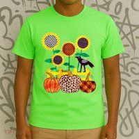 Cute Autumn Fall Patterns Raven Crow Sunflowers Pumpkins T-Shirt