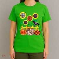Cute Autumn Fall Patterns Raven Crow Sunflowers Pumpkins T-Shirt