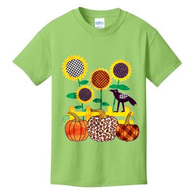 Cute Autumn Fall Patterns Raven Crow Sunflowers Pumpkins Kids T-Shirt