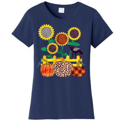 Cute Autumn Fall Patterns Raven Crow Sunflowers Pumpkins Women's T-Shirt