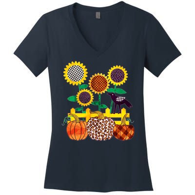 Cute Autumn Fall Patterns Raven Crow Sunflowers Pumpkins Women's V-Neck T-Shirt