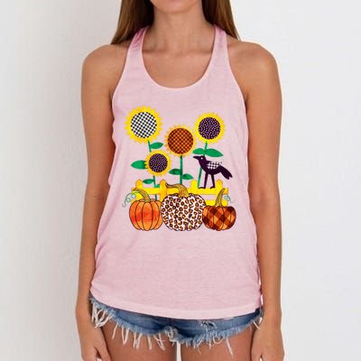 Cute Autumn Fall Patterns Raven Crow Sunflowers Pumpkins Women's Knotted Racerback Tank