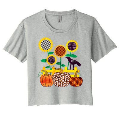 Cute Autumn Fall Patterns Raven Crow Sunflowers Pumpkins Women's Crop Top Tee