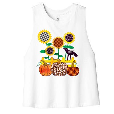 Cute Autumn Fall Patterns Raven Crow Sunflowers Pumpkins Women's Racerback Cropped Tank