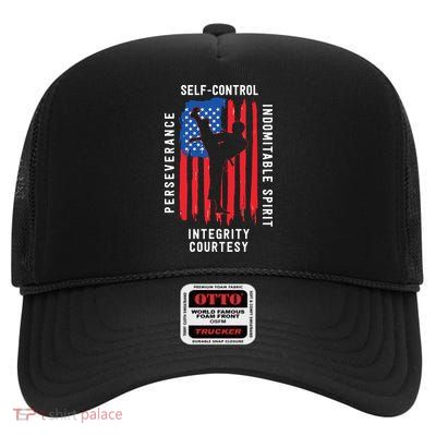 Cool American Flag Taekwondo Gift | Tae Kwon Do Martial Arts High Crown Mesh Back Trucker Hat