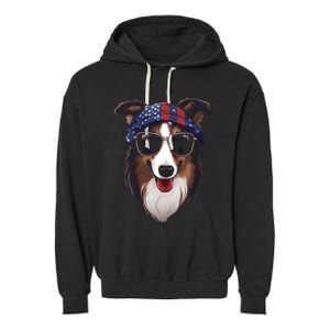 Collie American Flag USA Tee 4th July Gifts Graphic Tees Garment-Dyed Fleece Hoodie