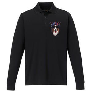 Collie American Flag USA Tee 4th July Gifts Graphic Tees Performance Long Sleeve Polo