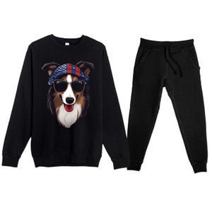 Collie American Flag USA Tee 4th July Gifts Graphic Tees Premium Crewneck Sweatsuit Set