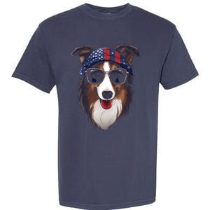 Collie American Flag USA Tee 4th July Gifts Graphic Tees Garment-Dyed Heavyweight T-Shirt