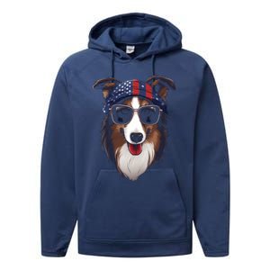 Collie American Flag USA Tee 4th July Gifts Graphic Tees Performance Fleece Hoodie