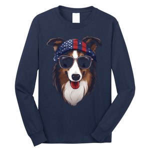 Collie American Flag USA Tee 4th July Gifts Graphic Tees Long Sleeve Shirt