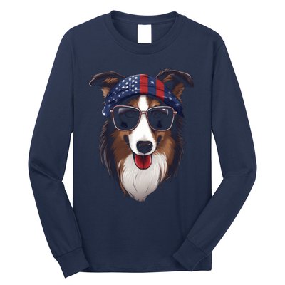 Collie American Flag USA Tee 4th July Gifts Graphic Tees Long Sleeve Shirt