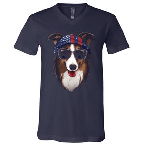 Collie American Flag USA Tee 4th July Gifts Graphic Tees V-Neck T-Shirt