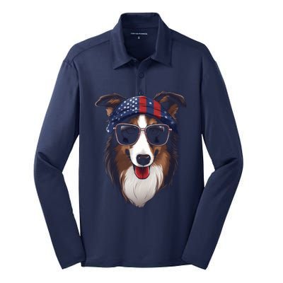 Collie American Flag USA Tee 4th July Gifts Graphic Tees Silk Touch Performance Long Sleeve Polo