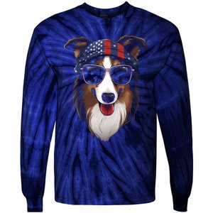 Collie American Flag USA Tee 4th July Gifts Graphic Tees Tie-Dye Long Sleeve Shirt