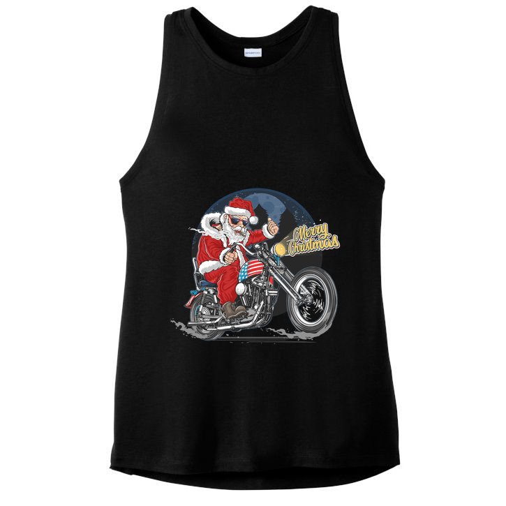 Cool American Flag Motorcycle Santa Claus Ladies PosiCharge Tri-Blend Wicking Tank