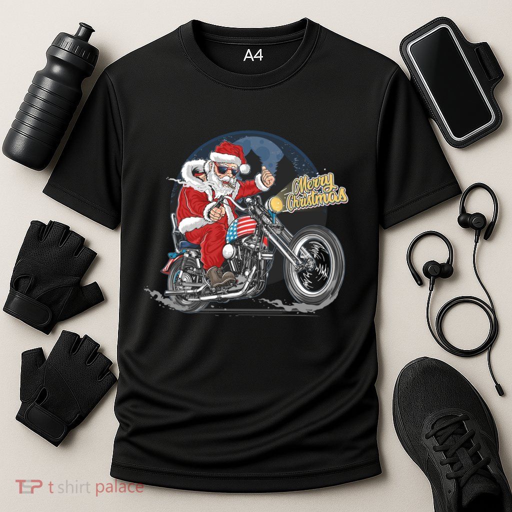 Cool American Flag Motorcycle Santa Claus Performance Shirt