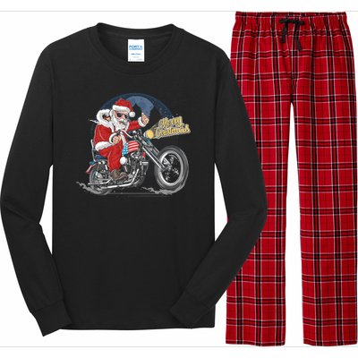 Cool American Flag Motorcycle Santa Claus Long Sleeve Pajama Set