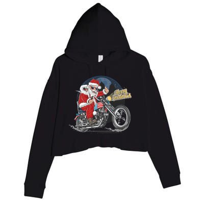 Cool American Flag Motorcycle Santa Claus Crop Fleece Hoodie