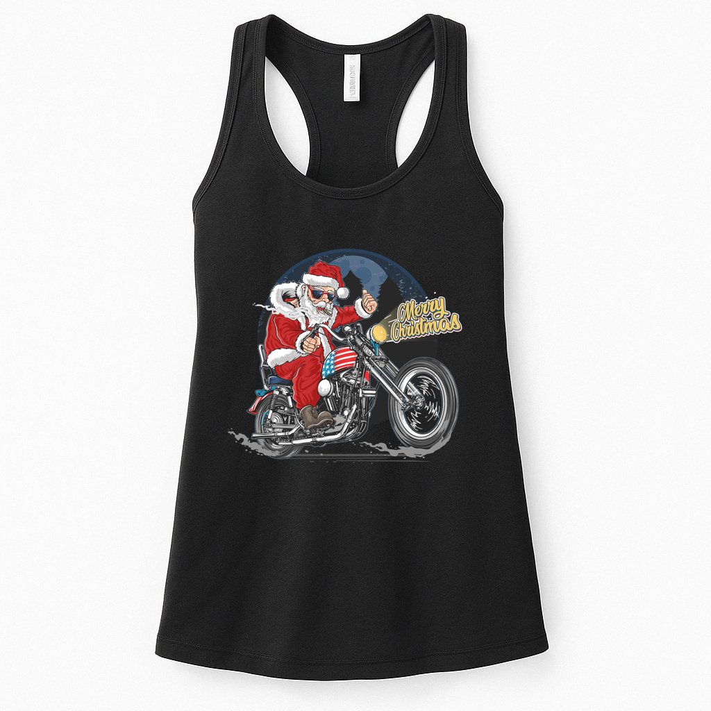 Cool American Flag Motorcycle Santa Claus Womens Tank Top
