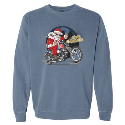 Cool American Flag Motorcycle Santa Claus Garment-Dyed Sweatshirt