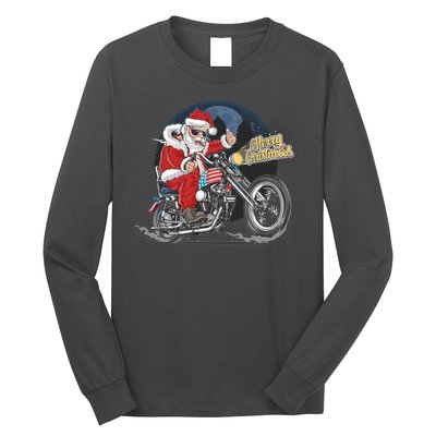 Cool American Flag Motorcycle Santa Claus Long Sleeve Shirt