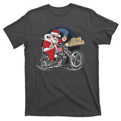 Cool American Flag Motorcycle Santa Claus T-Shirt