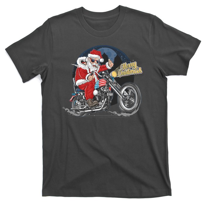 Cool American Flag Motorcycle Santa Claus T-Shirt