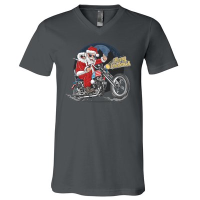 Cool American Flag Motorcycle Santa Claus V-Neck T-Shirt