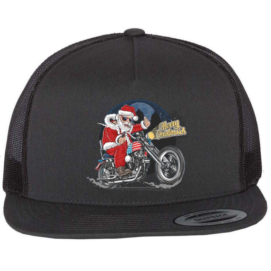Cool American Flag Motorcycle Santa Claus Flat Bill Trucker Hat