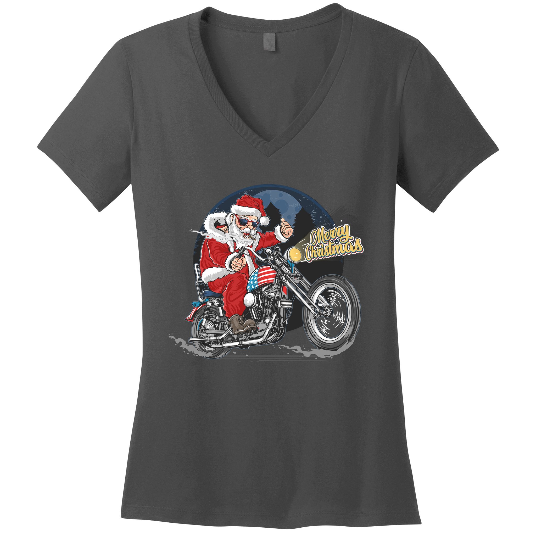 Cool American Flag Motorcycle Santa Claus Women's V-Neck T-Shirt