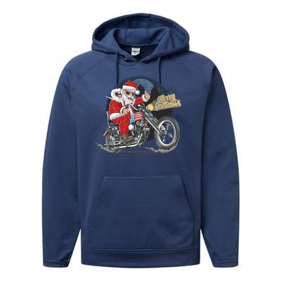 Cool American Flag Motorcycle Santa Claus Performance Fleece Hoodie