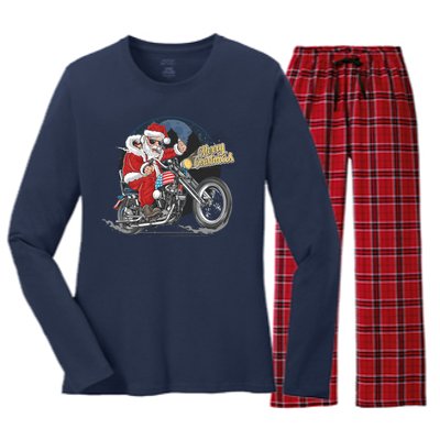 Cool American Flag Motorcycle Santa Claus Women's Long Sleeve Flannel Pajama Set 