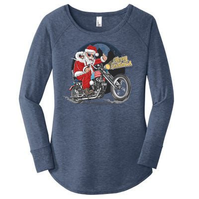 Cool American Flag Motorcycle Santa Claus Women's Perfect Tri Tunic Long Sleeve Shirt